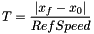 \[ T = \frac{\left| x_f - x_0 \right|}{ RefSpeed } \]